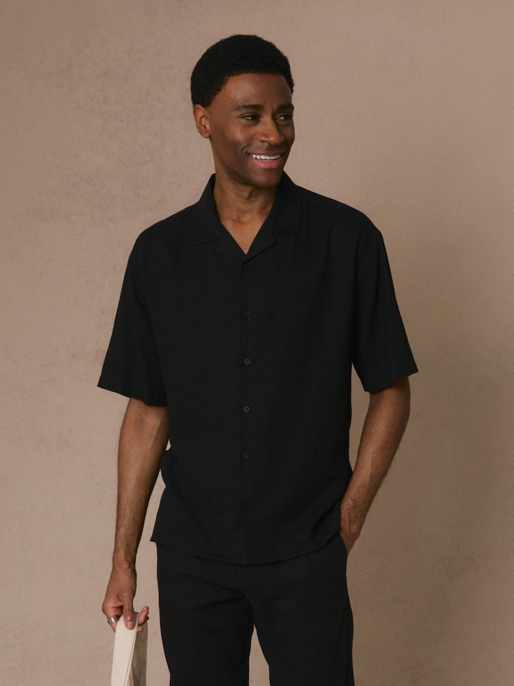 Threadbare Black Relaxed Fit Linen Blend Revere Collar Short Sleeve Shirt - Image 1 of 5