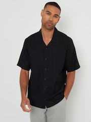 Threadbare Black Relaxed Fit Linen Blend Revere Collar Short Sleeve Shirt - Image 2 of 5