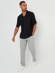 Threadbare Black Relaxed Fit Linen Blend Revere Collar Short Sleeve Shirt - Image 4 of 5
