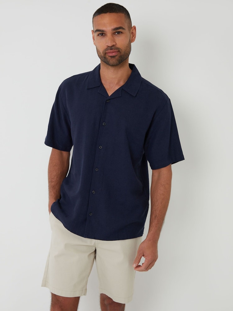 Threadbare Blue Relaxed Fit Linen Blend Revere Collar Short Sleeve Shirt - Image 1 of 4