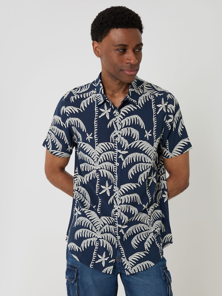 Threadbare Blue Palm Tree Print Short Sleeve Shirt - Image 4 of 4