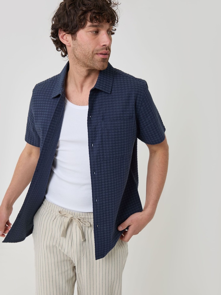 Threadbare Blue Textured Cotton Short Sleeve Shirt - Image 1 of 4