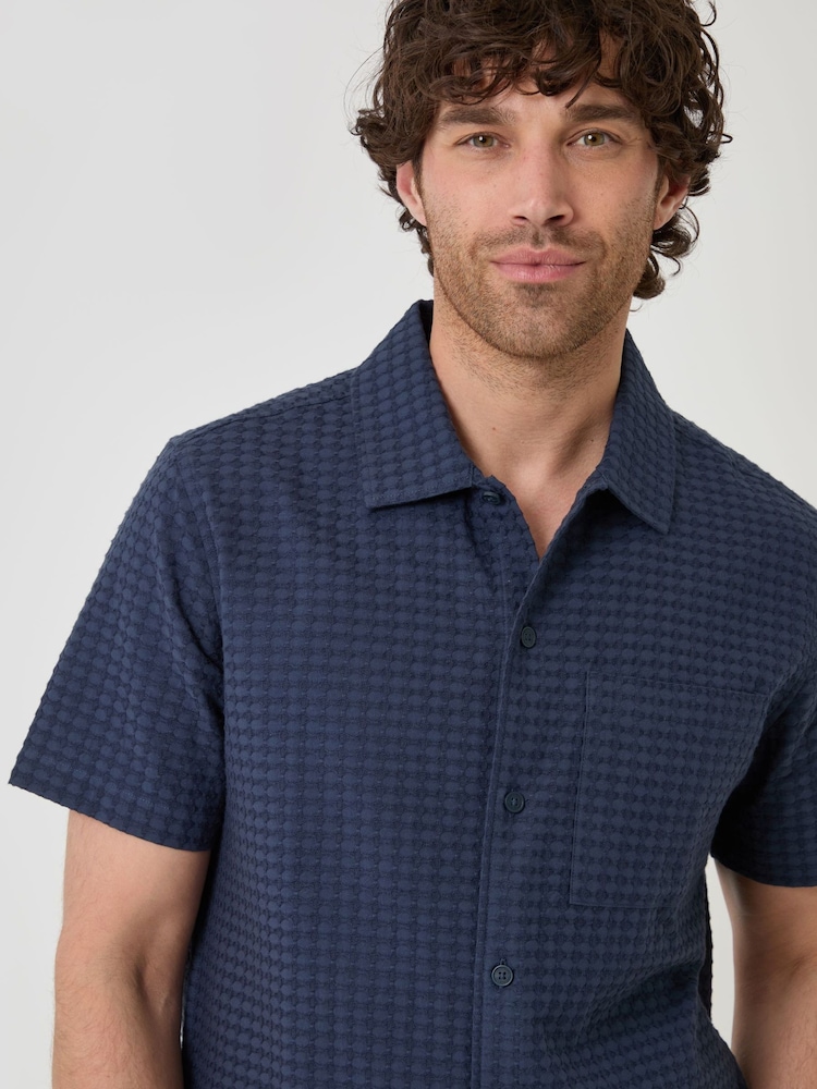 Threadbare Blue Textured Cotton Short Sleeve Shirt - Image 4 of 4