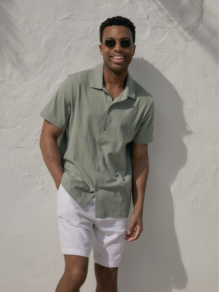 Threadbare Green Textured Cotton Short Sleeve Shirt - Image 1 of 5 Threadbare Green Textured Cotton Short Sleeve Shirt - Image 1 of 5