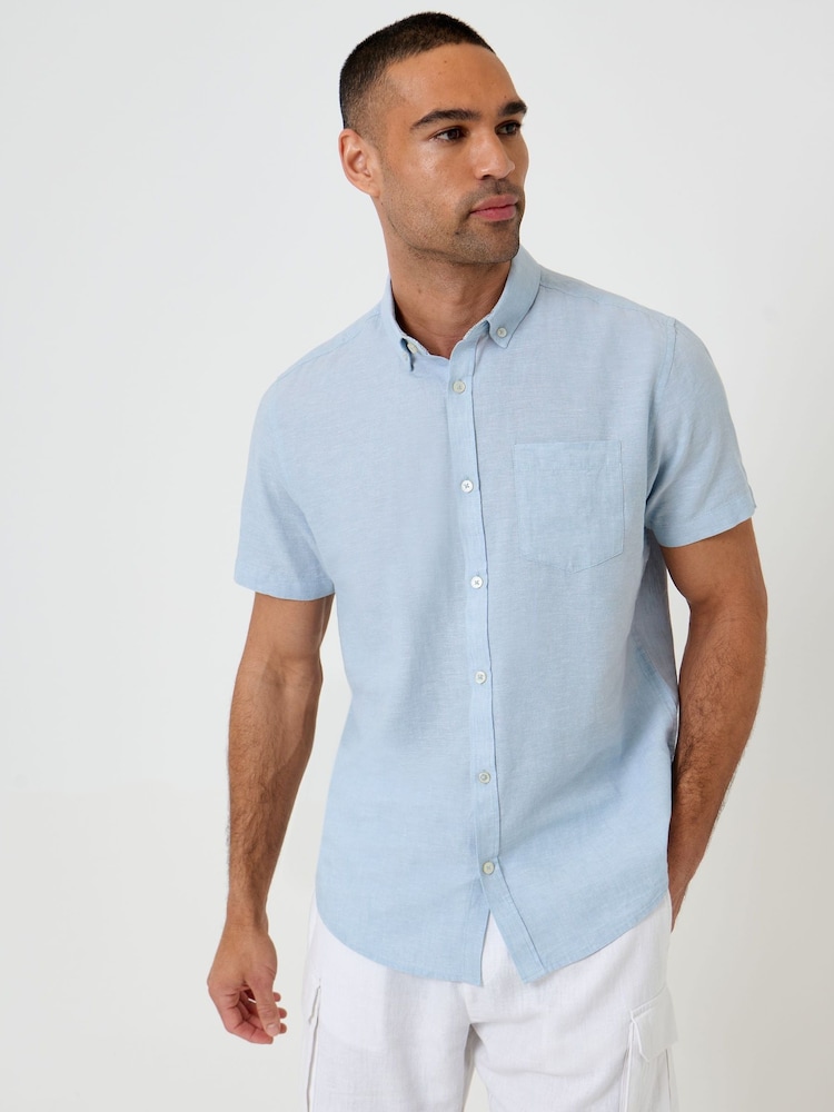 Threadbare Blue Short Sleeve Linen Blend Shirt - Image 1 of 5