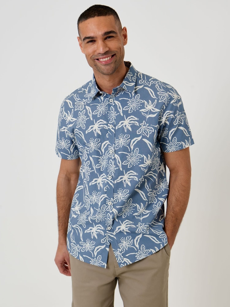 Threadbare Blue Tropical Print Short Sleeve Shirt - Image 1 of 5
