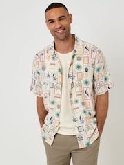 Threadbare Natural Tropical Stamp Print Short Sleeve Shirt - Image 1 of 5