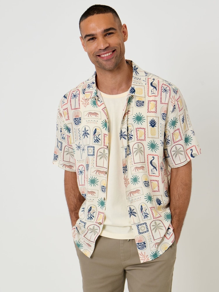Threadbare Natural Tropical Stamp Print Short Sleeve Shirt - Image 1 of 5