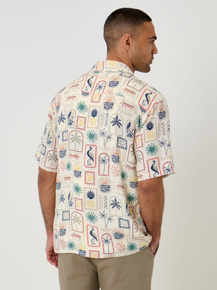 Threadbare Natural Tropical Stamp Print Short Sleeve Shirt - Image 2 of 5