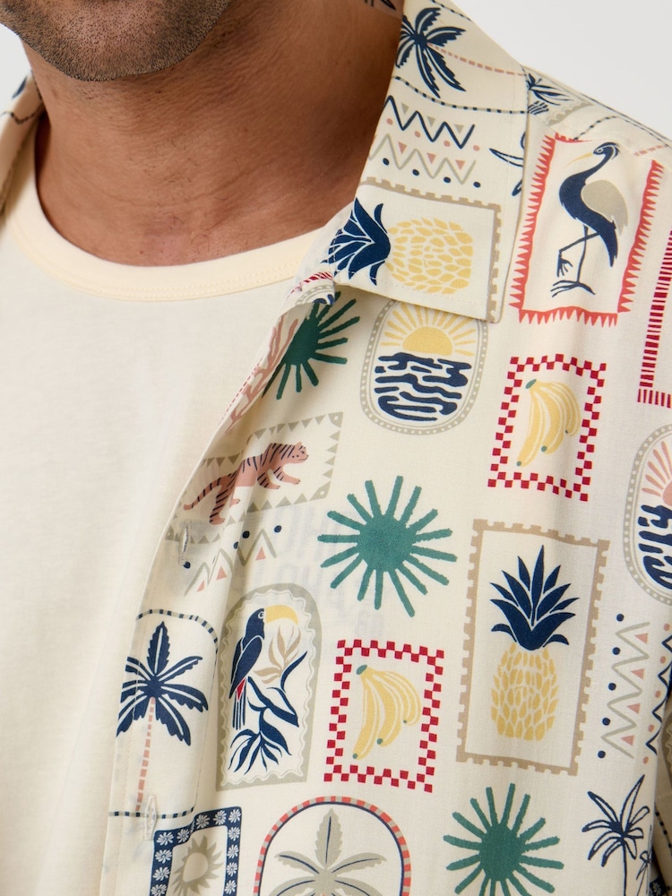 Threadbare Natural Tropical Stamp Print Short Sleeve Shirt - Image 6 of 6 Threadbare Natural Tropical Stamp Print Short Sleeve Shirt - Image 6 of 6