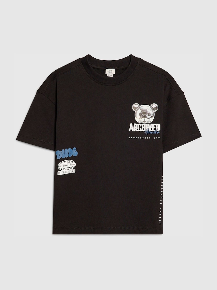 River Island Black Oversized Chrome Bear T-Shirt - Image 1 of 4