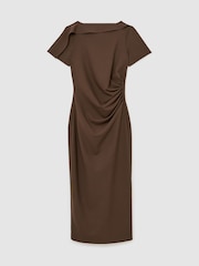 Marrone Moka - Reiss - Hilary - Vestito midi con scollo a barchetta e ruches - Immagine 2 di 6