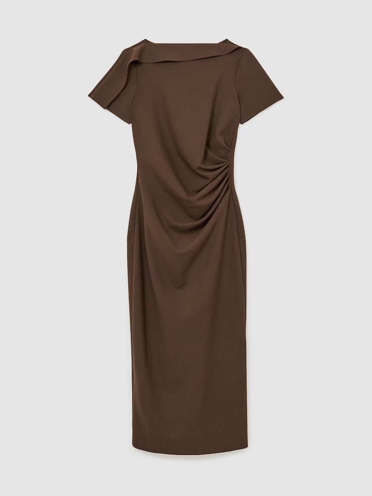 Marrone Moka - Reiss - Hilary - Vestito midi con scollo a barchetta e ruches - Immagine 2 di 6