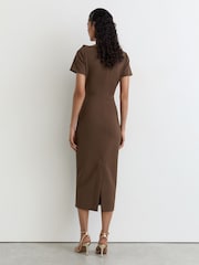 Marrone Moka - Reiss - Hilary - Vestito midi con scollo a barchetta e ruches - Immagine 4 di 6
