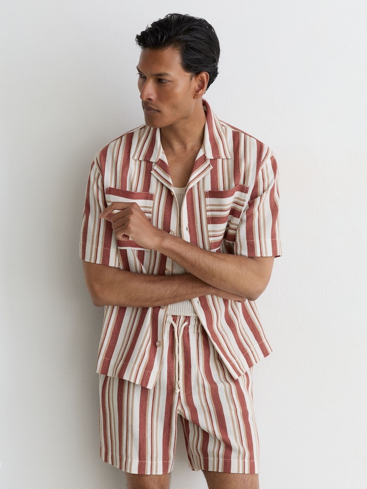 Reiss Red/Stone Mararani Striped Drawstring Shorts - Image 1 of 6 Reiss Red/Stone Mararani Striped Drawstring Shorts - Image 1 of 6