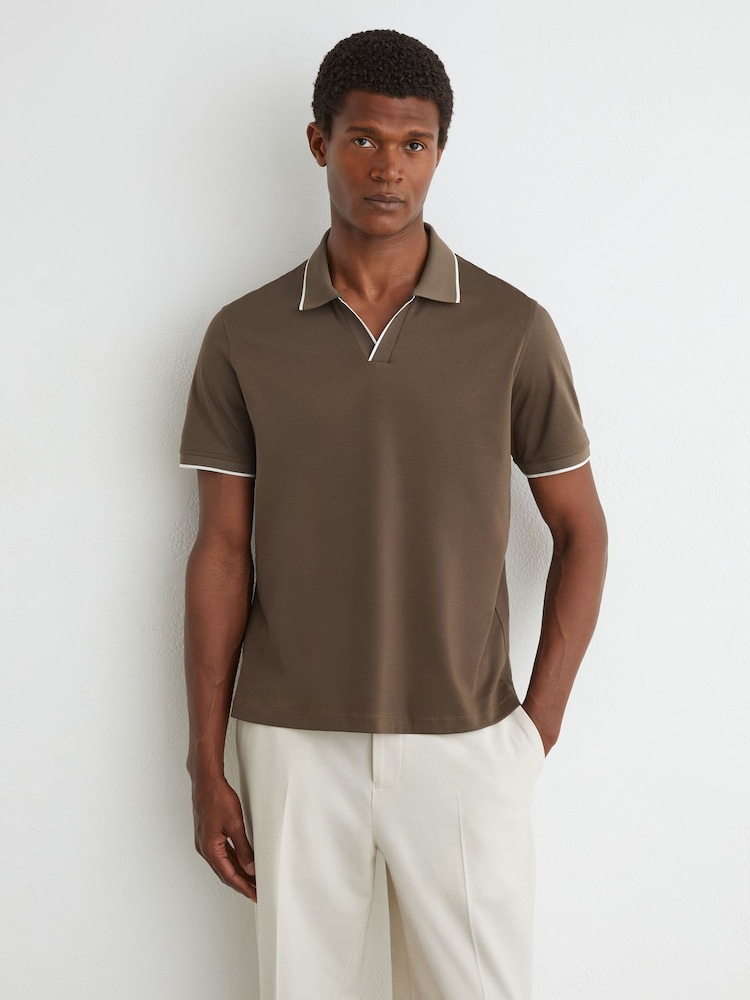 Reiss Taupe Brown Nico Air-Water Cotton Tipped Polo Shirt - Image 1 of 6