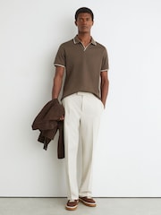 Reiss Taupe Brown Nico Air-Water Cotton Tipped Polo Shirt - Image 4 of 6