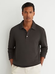 Reiss Brown Alba Textured Long-Sleeve Polo Shirt - Image 1 of 6