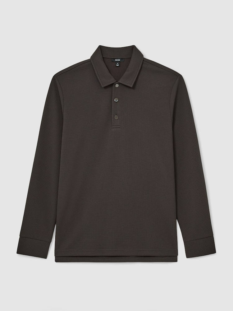 Reiss Brown Alba Textured Long-Sleeve Polo Shirt - Image 2 of 6 Reiss Brown Alba Textured Long-Sleeve Polo Shirt - Image 2 of 6