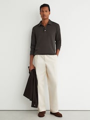 Reiss Brown Alba Textured Long-Sleeve Polo Shirt - Image 4 of 6