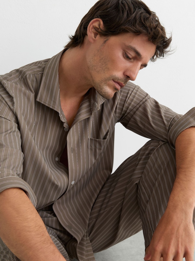 Reiss Taupe Brown Peake Stripe Long-Sleeve Regular-Fit Shirt - Image 1 of 7