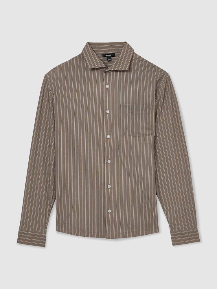 Reiss Taupe Brown Peake Stripe Long-Sleeve Regular-Fit Shirt - Image 2 of 7