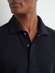 Reiss Navy Reed Textured Concealed-Placket Polo Shirt - Image 1 of 7