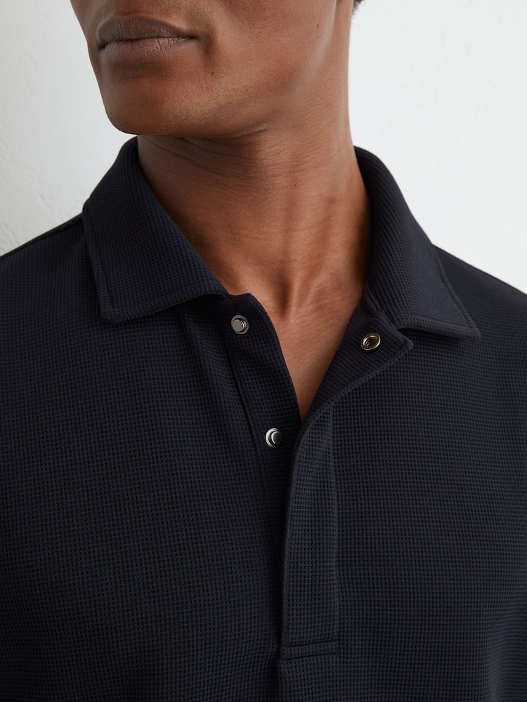 Reiss Navy Reed Textured Concealed-Placket Polo Shirt - Image 1 of 7 Reiss Navy Reed Textured Concealed-Placket Polo Shirt - Image 1 of 7