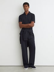 Reiss Navy Reed Textured Concealed-Placket Polo Shirt - Image 3 of 7