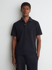 Reiss Navy Reed Textured Concealed-Placket Polo Shirt - Image 4 of 7