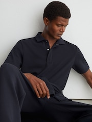 Reiss Navy Reed Textured Concealed-Placket Polo Shirt - Image 6 of 7
