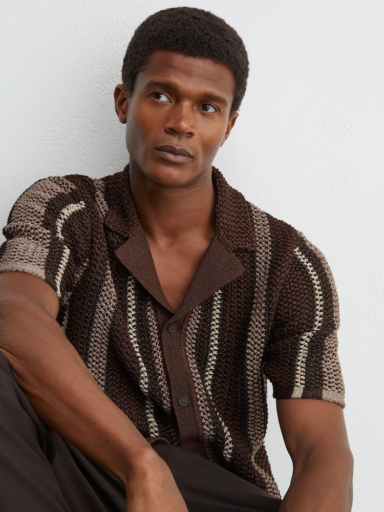 Reiss Chocolate Brown Farin Crochet Stripe Cuban-Collar Shirt - Image 1 of 6 Reiss Chocolate Brown Farin Crochet Stripe Cuban-Collar Shirt - Image 1 of 6