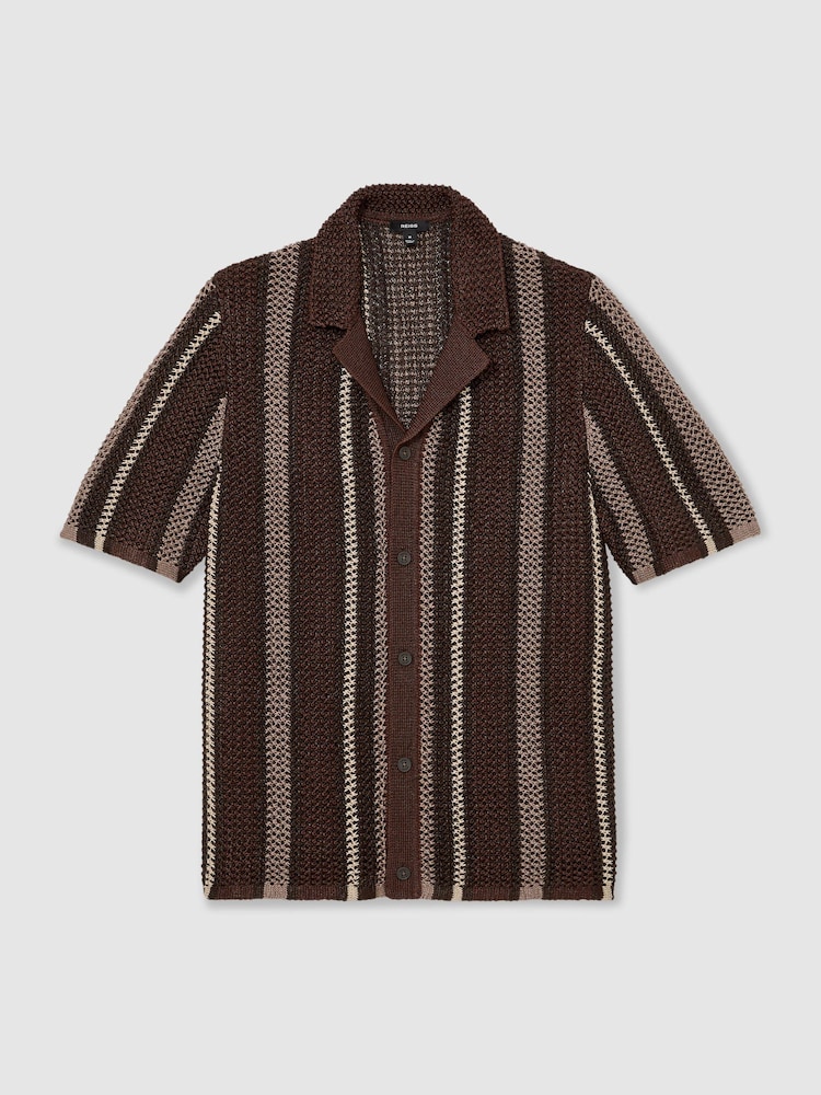 Reiss Chocolate Brown Farin Crochet Stripe Cuban-Collar Shirt - Image 2 of 6 Reiss Chocolate Brown Farin Crochet Stripe Cuban-Collar Shirt - Image 2 of 6
