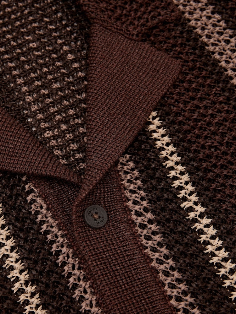 Reiss Chocolate Brown Farin Crochet Stripe Cuban-Collar Shirt - Image 6 of 6 Reiss Chocolate Brown Farin Crochet Stripe Cuban-Collar Shirt - Image 6 of 6