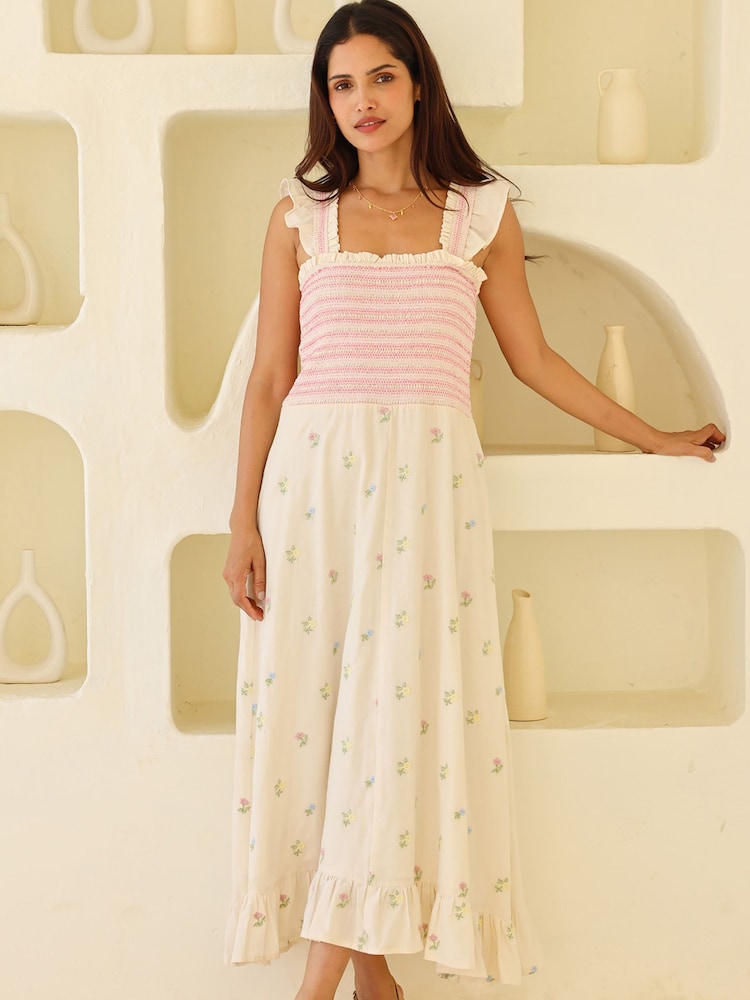 Aspiga Cream Rhianna Embroidered Flutter Sleeve Dress - Image 1 of 3