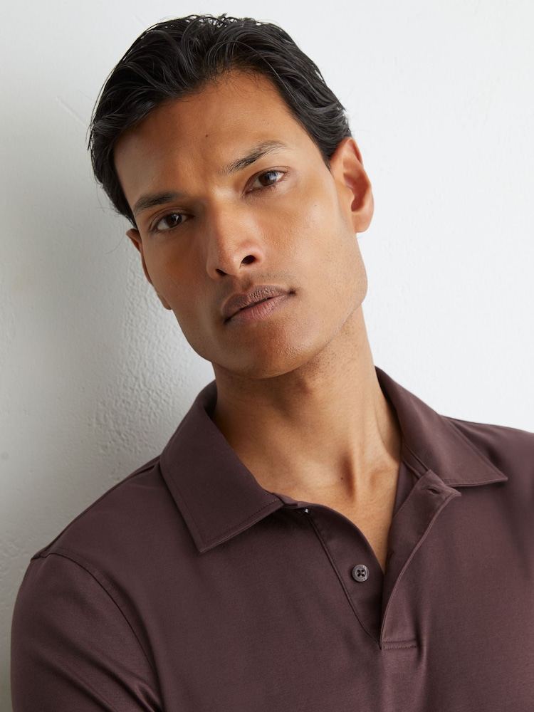 Reiss Dark Plum Earl Air-Water Cotton Polo Shirt - Image 1 of 5 Reiss Dark Plum Earl Air-Water Cotton Polo Shirt - Image 1 of 5