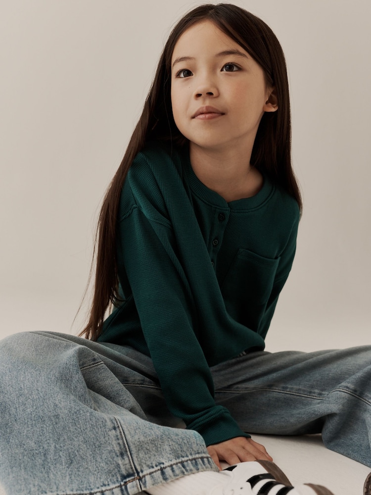 Green Waffle Henley Top (3-16yrs) - Image 2 of 8 Green Waffle Henley Top (3-16yrs) - Image 2 of 8