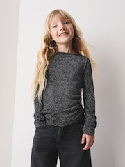 Black Sparkle Long Sleeve Ruched Top (3-16yrs) - Image 1 of 4