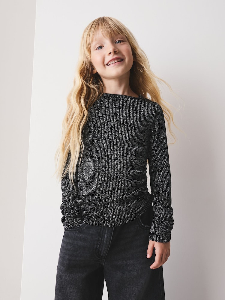 Black Sparkle Long Sleeve Ruched Top (3-16yrs) - Image 1 of 4 Black Sparkle Long Sleeve Ruched Top (3-16yrs) - Image 1 of 4