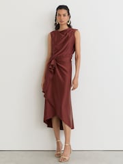 Reiss Rust Orange Mabel Satin Frill-Detail Draped Midi Dress - Image 1 of 8