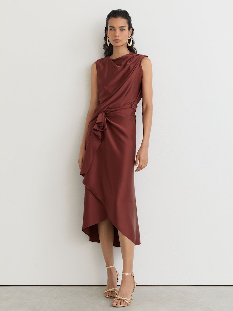 Reiss Rust Orange Mabel Satin Frill-Detail Draped Midi Dress - Image 1 of 8 Reiss Rust Orange Mabel Satin Frill-Detail Draped Midi Dress - Image 1 of 8
