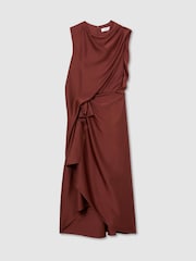 Reiss Rust Orange Mabel Satin Frill-Detail Draped Midi Dress - Image 2 of 8