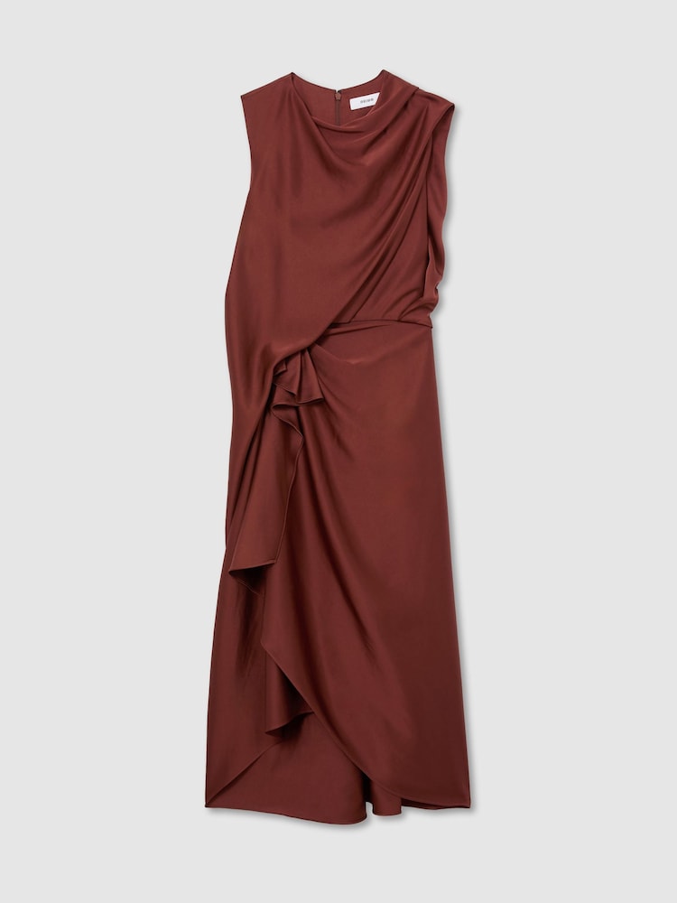 Reiss Rust Orange Mabel Satin Frill-Detail Draped Midi Dress - Image 2 of 8 Reiss Rust Orange Mabel Satin Frill-Detail Draped Midi Dress - Image 2 of 8