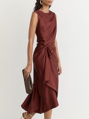 Reiss Rust Orange Mabel Satin Frill-Detail Draped Midi Dress - Image 4 of 8