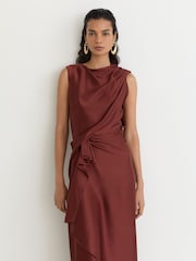 Reiss Rust Orange Mabel Satin Frill-Detail Draped Midi Dress - Image 5 of 8