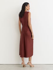 Reiss Rust Orange Mabel Satin Frill-Detail Draped Midi Dress - Image 6 of 8