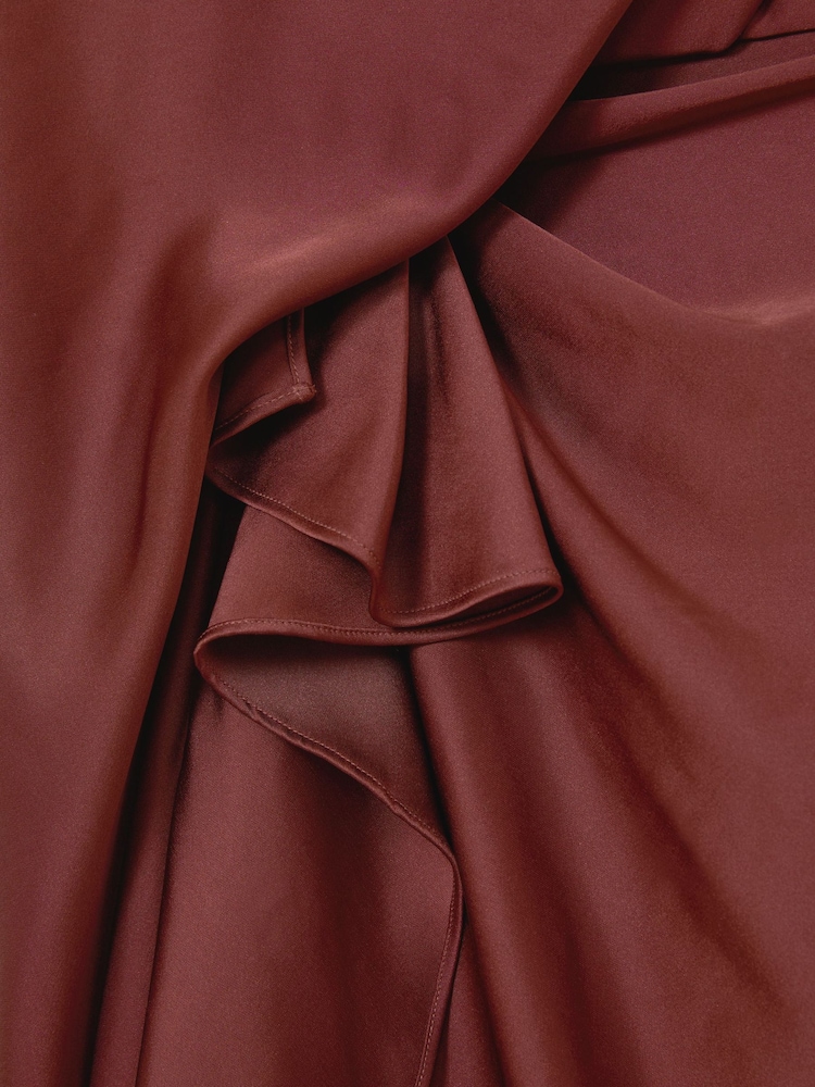 Reiss Rust Orange Mabel Satin Frill-Detail Draped Midi Dress - Image 8 of 8 Reiss Rust Orange Mabel Satin Frill-Detail Draped Midi Dress - Image 8 of 8