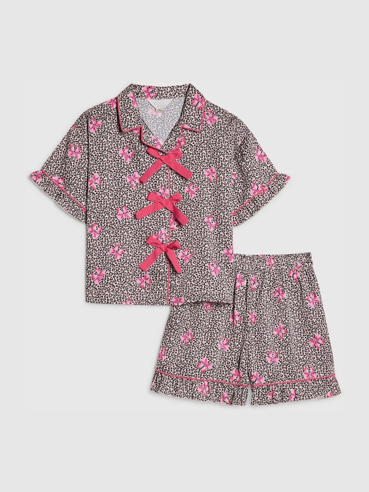 River Island Brown Leopard Bow Satin Pyjamas - Image 1 of 5