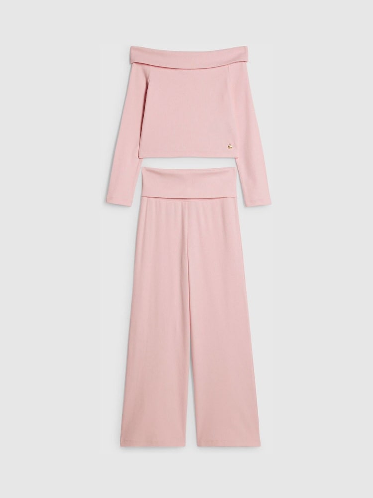 River Island Pink Off Shoulder Top & Trousers Set - Image 1 of 4