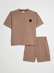 River Island Brown Oversized Scuba T-Shirt & Short Set - Image 1 of 5